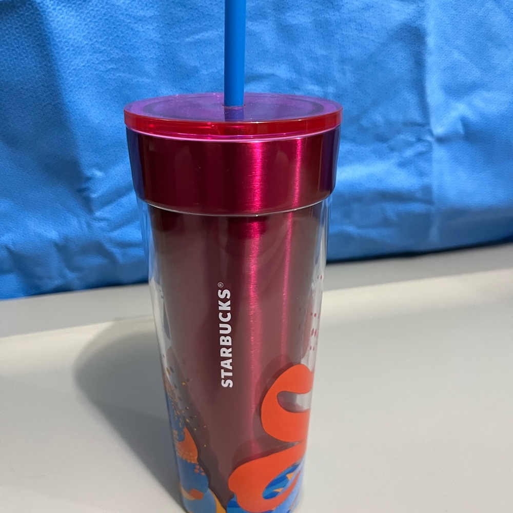 NWT Starbucks 2024 Summer Magenta Floral SS Grande Collectible Tumbler & Straw